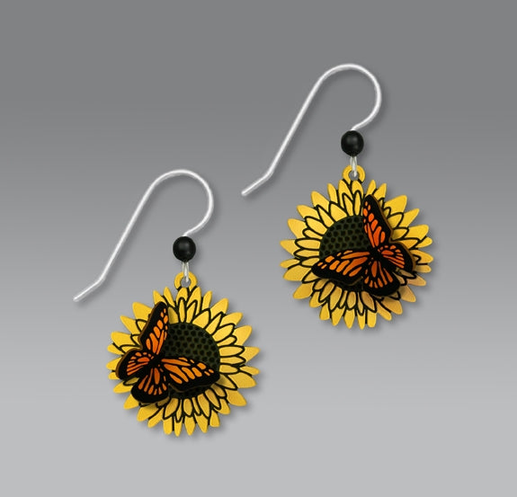 Earrings 3D Monarch Bfly On Sunflower