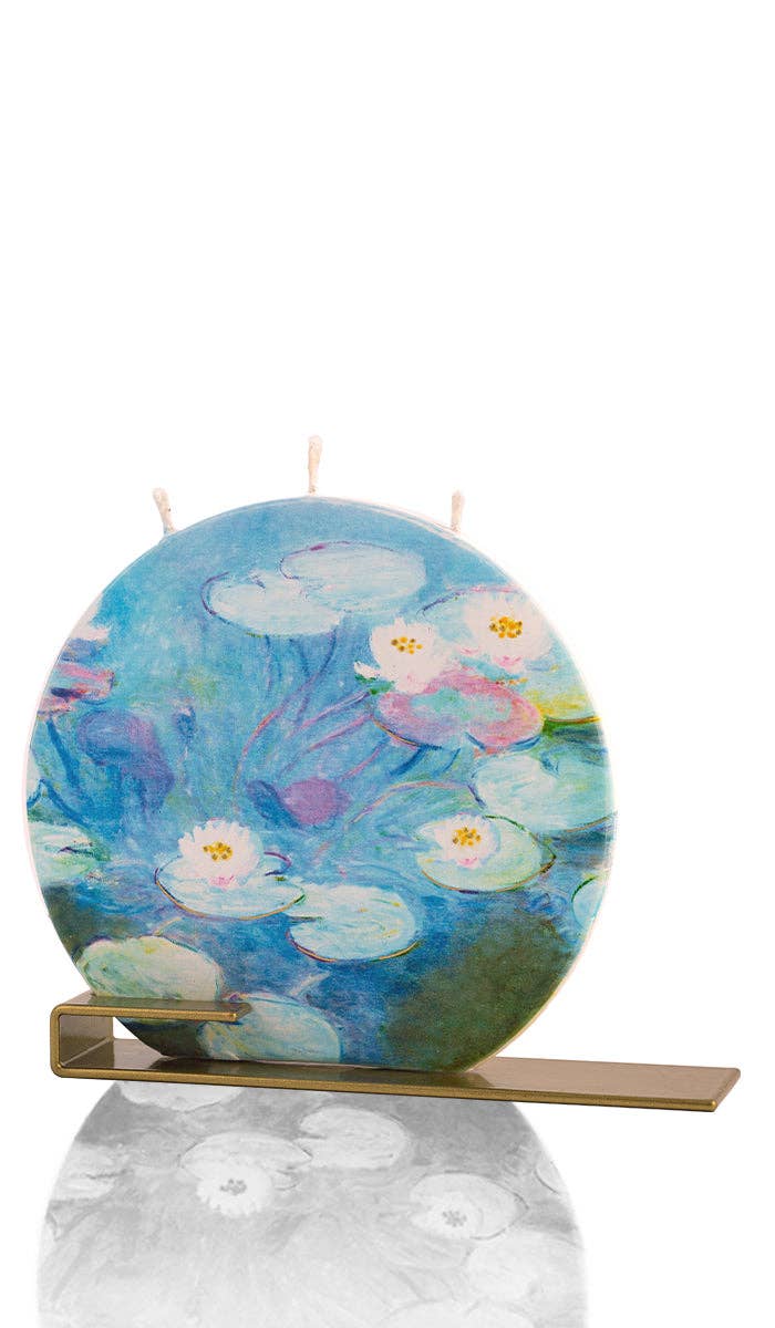 Flat Hand-Crafted 6" Circle Candle - Claude Monet Water Lili🎨 decor🎨 Buy Art at Carolina Creations Gallery in Downtown New Bern🎨