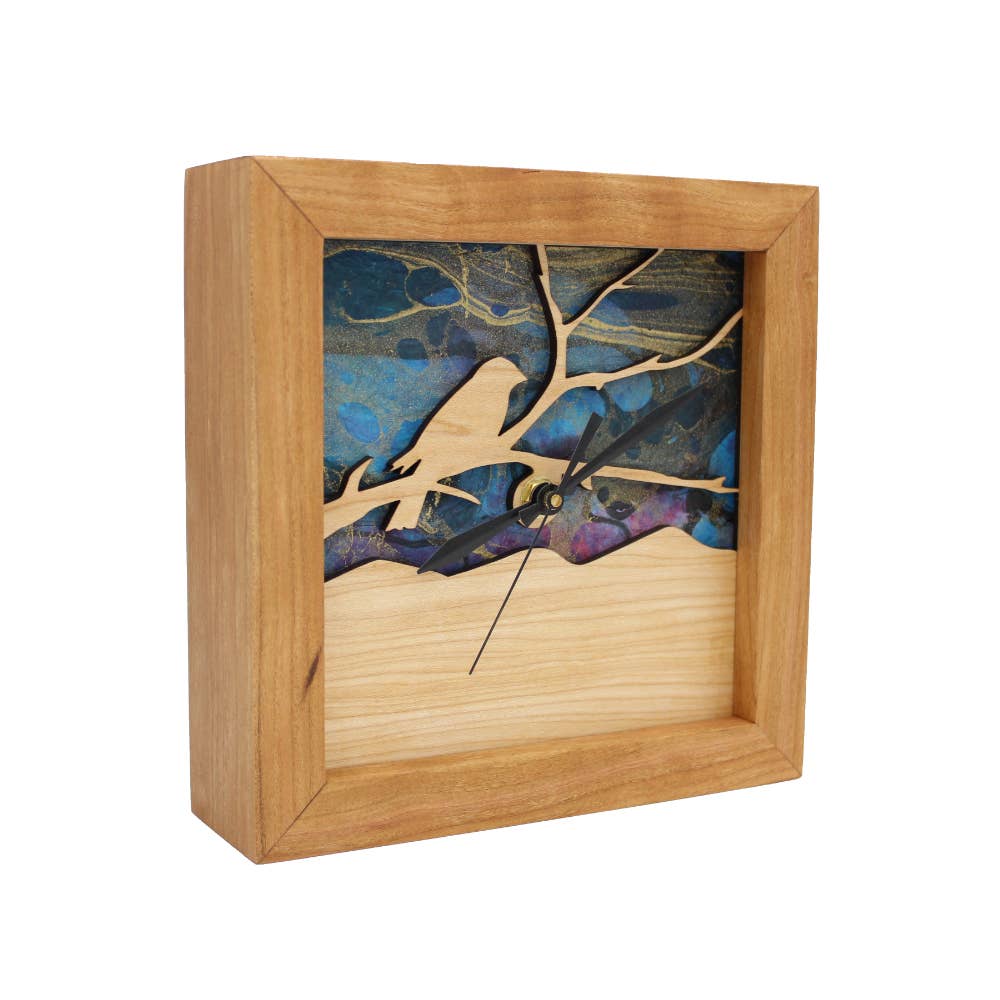 Bird on a Branch Azure Sky, Box Clock🎨 Wood🎨 Buy Art at Carolina Creations Gallery in Downtown New Bern🎨