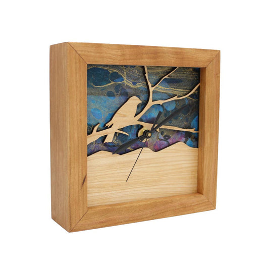 Bird on a Branch Azure Sky, Box Clock🎨 Wood🎨 Buy Art at Carolina Creations Gallery in Downtown New Bern🎨