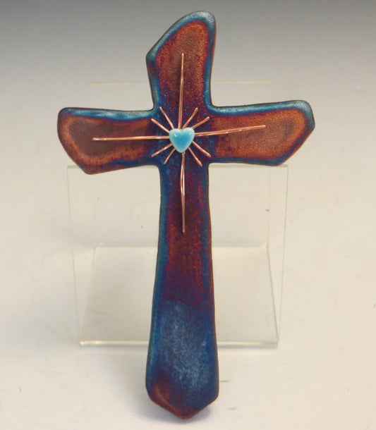 JoyCraft Raku 10" Cross Copper/Stone🎨 Pottery🎨 Buy Art at Carolina Creations Gallery in Downtown New Bern🎨