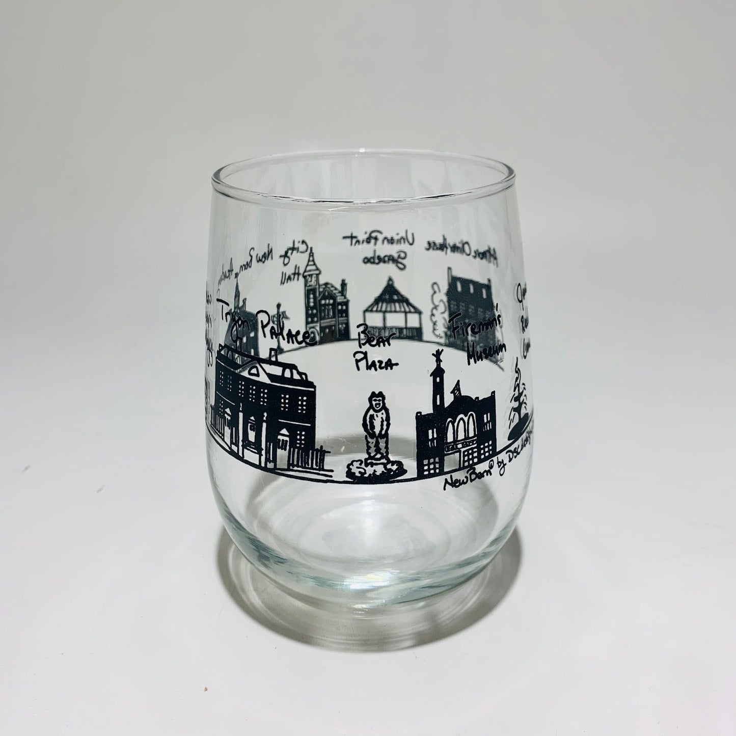 New Bern Skyline Stemless Wine Black🎨 Gifts🎨 Buy Art at Carolina Creations Gallery in Downtown New Bern🎨
