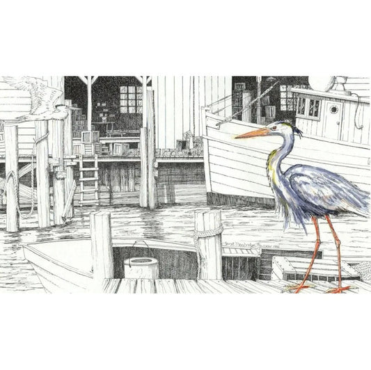 Jan Francoeur Print Heron At Oriental🎨 Jan's Prints🎨 Buy Art at Carolina Creations Gallery in Downtown New Bern🎨