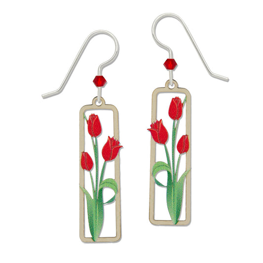 Earrings Red Tulips in Rectangle