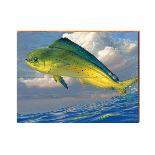 Mark Mueller | Jumping Mahi | Wall Art Print on Real Wood: 10.5" x 14"🎨 Wood🎨 Buy Art at Carolina Creations Gallery in Downtown New Bern🎨