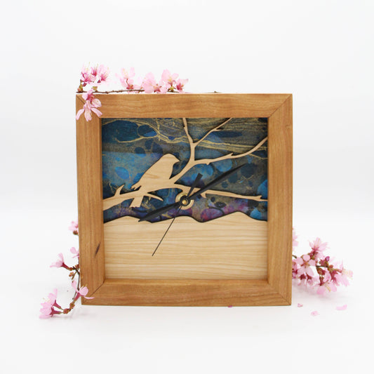 Bird on a Branch Azure Sky, Box Clock🎨 Wood🎨 Buy Art at Carolina Creations Gallery in Downtown New Bern🎨