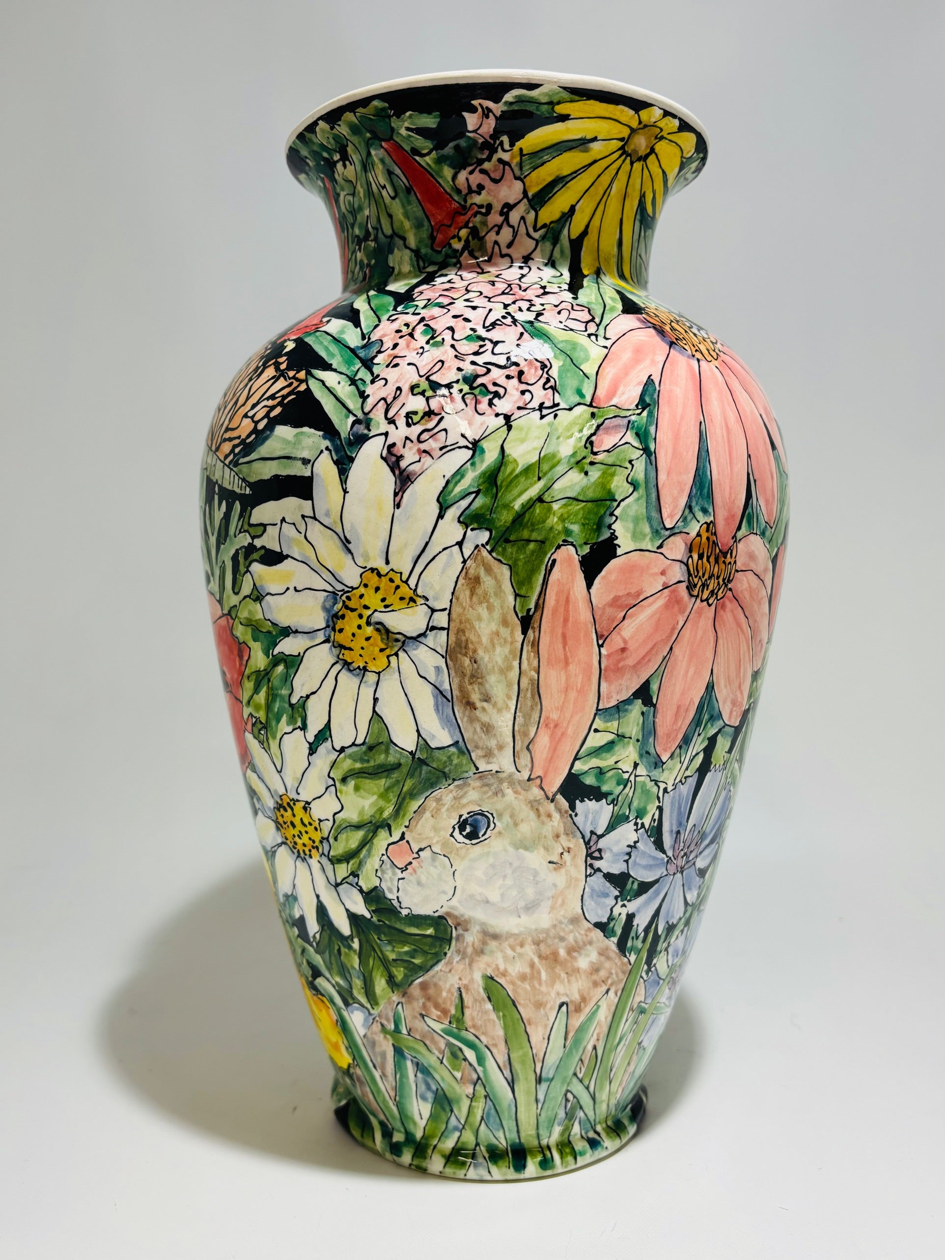 Jan Francoeur Nature Vase Rabbit🎨 Jan's Celebration Pottery🎨 Buy Art at Carolina Creations Gallery in Downtown New Bern🎨