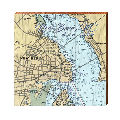 New Bern NOAA Chart Map Sign | Real Art Print on Wood: 5.5" x 5.5"🎨 Wood🎨 Buy Art at Carolina Creations Gallery in Downtown New Bern🎨