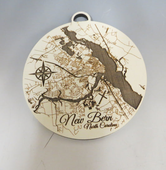 New Bern Wood Engraved Ornament🎨 Wood🎨 Buy Art at Carolina Creations Gallery in Downtown New Bern🎨