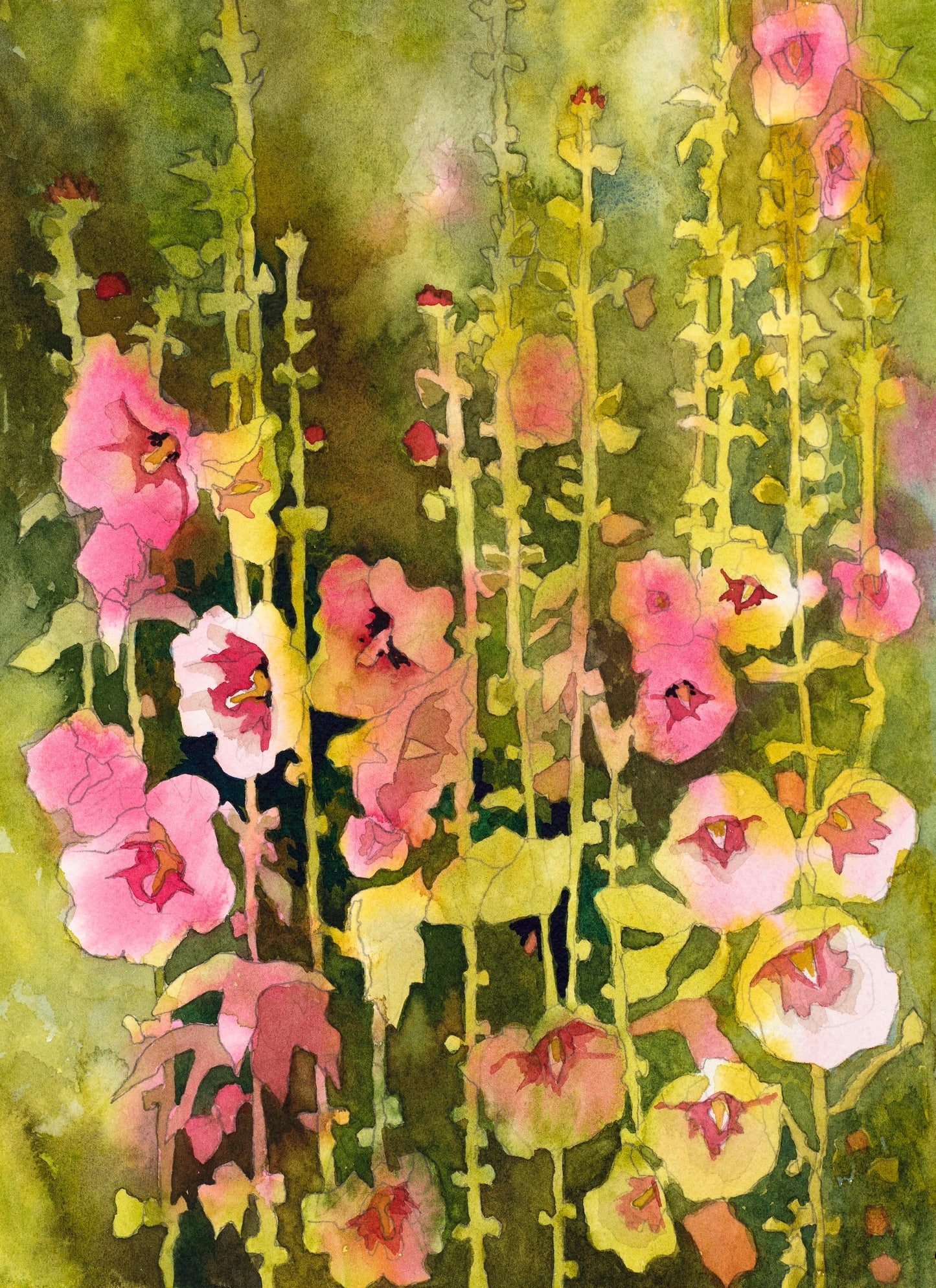 Barbara Rohde Hollyhocks Garden WC 15X18🎨 Barbara Rohde🎨 Buy Art at Carolina Creations Gallery in Downtown New Bern🎨