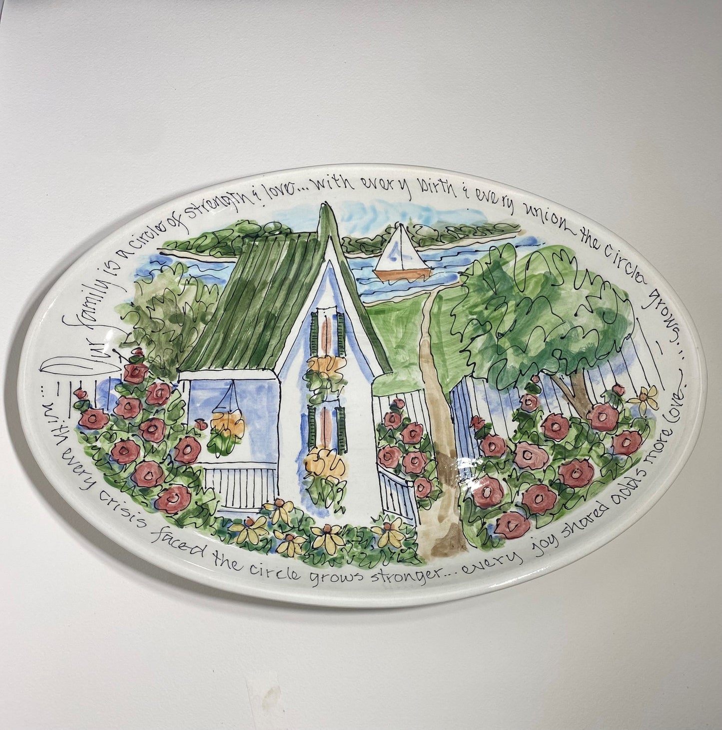 Jan Francoeur Platter Oval Lg Our Family🎨 Jan's Celebration Pottery🎨 Buy Art at Carolina Creations Gallery in Downtown New Bern🎨